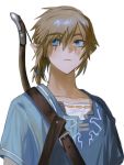  1boy bangs blonde_hair blue_eyes blue_tunic bow_(weapon) eyebrows_visible_through_hair link mabelmine male_focus open_mouth pointy_ears shirt simple_background solo the_legend_of_zelda the_legend_of_zelda:_breath_of_the_wild tunic upper_body weapon weapon_on_back white_background 