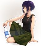  1girl bangs bare_arms bare_shoulders beige_background black_shirt blush boku_no_hero_academia bottle brown_skirt collarbone commentary_request from_side gradient gradient_background highres holding holding_bottle jirou_kyouka knee_up kobaji pink_nails pleated_skirt purple_hair shirt short_hair sitting skirt solo sweat tongue tongue_out water_bottle 
