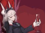  1girl alcohol bangs blunt_bangs cup drinking_glass gloves hairband helltaker highres holding holding_cup horns hwoking long_hair looking_at_viewer lucifer_(helltaker) mole mole_under_eye parted_lips red_eyes red_neckwear sharp_teeth sitting smile solo spikes teeth throne white_gloves white_hair wine wine_glass 