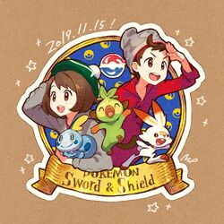  1boy 1girl :d arm_up beanie brown_background brown_eyes brown_hair cardigan collared_shirt copyright_name dated gen_8_pokemon green_headwear grey_cardigan grey_headwear grookey hand_behind_head hat hood hood_down hooded_cardigan long_sleeves maeya_susumu masaru_(pokemon) open_mouth outline pokemon pokemon_(creature) pokemon_(game) pokemon_swsh red_shirt scorbunny shading_eyes shirt smile sobble star_(symbol) tam_o&#039;_shanter v-shaped_eyebrows white_outline yuuri_(pokemon) 