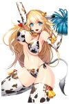  1girl animal_ears animal_print arms_up bell bell_choker bikini blonde_hair blue_eyes blush bouncing_breasts breasts cheerleader choker cow_bell cow_ears cow_girl cow_print cow_tail ear_tag elbow_gloves gloves highres large_breasts long_hair mole mumu_(soccer_spirits) navel open_mouth pom_poms side-tie_bikini simple_background smile snowball22 soccer_spirits solo swimsuit tail thigh-highs very_long_hair water 