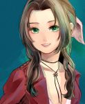 1girl absurdres aerith_gainsborough blue_background bow brown_hair final_fantasy final_fantasy_vii final_fantasy_vii_remake green_eyes hair_bow highres jewelry long_hair looking_at_viewer necklace pink_bow red_shirt richard_(ri39p) shirt smile solo upper_body 