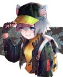  1girl animal_ears arknights backpack bag bangs black_gloves black_jacket blue_eyes breasts cat_ears clenched_teeth click_(arknights) collar collared_jacket eyebrows_visible_through_hair fingerless_gloves gloves grey_hair hand_on_headwear hat highres jacket long_hair looking_to_the_side medium_breasts open_mouth peaked_cap shirt short_hair solo stepcacc straight_hair teeth upper_body yellow_shirt 