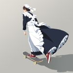  1girl apron black_dress brown_hair commentary dress from_behind hat long_sleeves maid maid_apron maid_dress mob_cap original red_footwear shadow shoes short_hair skateboard skateboarding sneakers solo standing suzushiro_(suzushiro333) 
