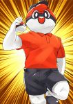  1boy absurdres ball_guy baseball_cap black_headwear black_shorts hat highres holding holding_poke_ball maid mascot_costume poke_ball poke_ball_(basic) pokemon pokemon_(game) pokemon_swsh red_shirt shirt shorts solo standing standing_on_one_leg 