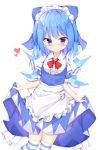  (9) 1girl alternate_costume apron bangs blue_dress blue_eyes blue_hair blush cirno commentary contrapposto cowboy_shot dress enmaided expressionless eyebrows_visible_through_hair hair_ribbon heart highres kuraaken layered_sleeves looking_at_viewer maid maid_headdress pinafore_dress puffy_short_sleeves puffy_sleeves ribbon shirt short_hair short_sleeves simple_background skirt skirt_lift solo striped striped_legwear thigh-highs touhou waist_apron white_background white_shirt 