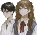  1boy 1girl bangs black_hair blue_eyes brown_hair closed_mouth eyebrows_visible_through_hair frown hair_between_eyes hair_ornament ikari_shinji long_hair mabelmine necktie neon_genesis_evangelion red_neckwear school_uniform shirt simple_background souryuu_asuka_langley suspenders upper_body white_background white_shirt 