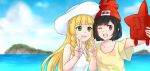  2girls bangs beanie braid clouds collarbone day dress eyebrows_visible_through_hair floral_print gen_4_pokemon green_eyes grey_eyes hat holding lillie_(pokemon) mizuki_(pokemon) multiple_girls one_eye_closed open_mouth outdoors pandagirlz pokemon pokemon_(creature) pokemon_(game) pokemon_sm pose red_headwear rotom rotom_dex self_shot shiny shiny_hair shirt short_sleeves sky sun_hat teeth tongue twin_braids upper_teeth v water white_dress white_headwear 