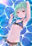  1girl :o afloat aqua_hair arm_behind_head arm_up armpits bangs bare_arms bare_shoulders bikini blue_bikini blush double_bun earrings eyebrows_visible_through_hair flat_chest from_above highres hololive jewelry navel open_mouth partially_submerged red_eyes roriwanko see-through short_hair solo stomach swimsuit symbol_in_eye uruha_rushia virtual_youtuber water 