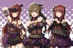  3girls alstroemeria_(idolmaster) bare_shoulders belt black_gloves bow braid braided_ponytail breasts brown_eyes brown_hair commentary_request corset demon_horns detached_collar gloves hair_bow hat highres horns idolmaster idolmaster_shiny_colors kuwayama_chiyuki large_breasts long_braid long_hair looking_at_viewer microphone mini_hat multiple_girls oosaki_amana oosaki_tenka puffy_shorts shorts single_braid wanima_8888 yellow_eyes 