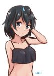  1girl absurdres arms_behind_back bangs bare_shoulders black_bra black_eyes black_hair bra collarbone eyebrows_visible_through_hair greater_lophorina_(kemono_friends) hand_in_hair highres kemono_friends looking_at_viewer shiraha_maru short_hair signature simple_background sketch solo underwear upper_body white_background 