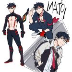  1boy black_gloves character_name cropped_jacket genderswap genderswap_(ftm) gloves highres kill_la_kill male_focus matoi_ryuuko miyuli multicolored_hair necktie red_gloves red_neckwear school_uniform senketsu simple_background squatting streaked_hair white_background 