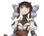  1girl armor belt bgy blacksmith blue_eyes brown_headwear closed_mouth collarbone face facial_scar goggles goggles_on_head grey_hair highres long_hair original pouch scar simple_background solo turtleneck upper_body white_background wrench 