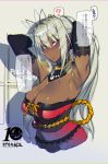  1girl ? antenna_hair armpits arms_up breasts commentary commentary_request dark_elf dark_skin elf highres large_breasts looking_at_viewer namaniku_atk orange_eyes pointy_ears sansei_muramasa solo soukou_akki_muramasa white_hair 