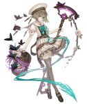  1girl aqua_eyes birdcage brown_hair bug butterfly cage chain flower full_body gretel_(sinoalice) hansel_(sinoalice) hat insect ji_no key loafers looking_at_viewer official_art ribbon sailor_collar school_uniform shoes sinoalice skirt smile solo staff thigh-highs transparent_background 