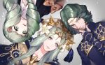  1boy 2girls beard bow brother_and_sister closed_mouth crown facial_hair fire_emblem fire_emblem:_three_houses flayn_(fire_emblem) flower green_eyes green_hair hair_flower hair_ornament long_hair long_sleeves multiple_girls open_mouth parted_lips rhea_(fire_emblem) seteth_(fire_emblem) short_hair siblings tiara upper_body upside-down user_mxwe7242 