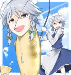  1girl :d apron bangs blue_eyes blue_skirt blue_sky blue_vest braid clouds commentary_request contrail contrapposto cookie_(touhou) eyebrows_visible_through_hair feet_out_of_frame fish fishing fishing_rod genpatsu_(cookie) grey_hair highres holding holding_fishing_rod human_head izayoi_sakuya long_sleeves maid maid_headdress medium_hair okasan01 open_mouth shirt skirt sky smile sparkle tearing_up touhou tsurikichi_obasan twin_braids vest waist_apron white_apron white_shirt 