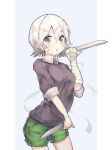  1girl :o alternate_costume bandaged_arm bandaged_hand bandages bangs blush breasts collared_shirt commentary eyebrows_visible_through_hair facial_scar fate/apocrypha fate_(series) green_eyes green_shorts grey_sweater greypidjun hair_between_eyes holding holding_knife holding_weapon jack_the_ripper_(fate/apocrypha) knife looking_at_viewer medium_breasts open_mouth scar scar_across_eye scar_on_cheek shirt short_hair short_shorts shorts silver_hair simple_background sketch solo sweater weapon white_background 