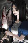  1girl alice:_madness_returns alice_(wonderland) american_mcgee&#039;s_alice black_hair blood breasts closed_mouth dress jewelry knife lipstick long_hair looking_at_viewer makeup necklace smile solo 