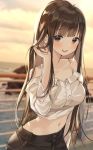  1girl :d bangs bare_shoulders blurry blurry_background blush bra_strap breasts brown_eyes brown_hair buri_(retty9349) commentary crop_top eyebrows_visible_through_hair hand_in_hair hand_up highres long_hair long_sleeves looking_at_viewer medium_breasts midriff navel off-shoulder_shirt off_shoulder open_mouth original outdoors railing shirt smile solo stomach symbol_commentary upper_body very_long_hair white_shirt 