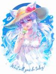  1girl animal_ears carnelian cat_ears dress english_text food hat holding holding_food ice ice_cream ice_cube long_hair looking_at_viewer original silver_hair solo straw_hat sundress teeth tongue twintails upper_body violet_eyes water white_dress 