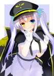  1girl :p blush breasts cape commentary_request gloves growing_naru hair_between_eyes hat heterochromia kagura_mea kagura_mea_channel large_breasts long_hair looking_at_viewer military_hat silver_hair simple_background solo tongue tongue_out twintails virtual_youtuber 