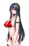  1girl absurdres azur_lane bikini black_hair breasts choker derivative_work hair_ribbon highres large_breasts long_hair looking_at_viewer navel open_mouth red_bikini red_choker red_eyes red_swimsuit ribbon solo stomach swimsuit taihou_(azur_lane) thighs white_background xiao_cuke 