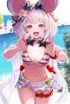  1girl :d alternate_costume animal_ears balloon bangs beach bikini bikini_skirt bikini_under_clothes blue_hairband breasts choker cowboy_shot day eyebrows_visible_through_hair fake_animal_ears feb_itk flower frilled_choker frilled_skirt frills front-tie_bikini front-tie_top granblue_fantasy hair_flower hair_ornament hair_ribbon hairband highleg highleg_bikini highres holding holding_eyewear jacket looking_at_viewer miniskirt mouse_ears navel ocean off_shoulder open_clothes open_jacket open_mouth outdoors plant red_eyes red_ribbon ribbon scrunchie short_hair silver_hair skirt small_breasts smile solo standing star-shaped_eyewear stomach string_bikini striped striped_bikini sunglasses sunlight swimsuit thigh_scrunchie thighs vikala_(granblue_fantasy) white_jacket white_skirt wrist_scrunchie 