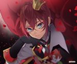  1boy bangs black_gloves blue_eyes crown dalc_rose gloves hair_between_eyes heart highres jacket long_sleeves looking_at_viewer male_focus mini_crown petals redhead riddle_rosehearts rose_petals short_hair solo twisted_wonderland 