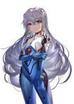  1girl bangs blue_gloves bodysuit bronya_zaychik closed_mouth cowboy_shot earrings expressionless eyebrows_visible_through_hair ginklaga gloves grey_eyes hair_between_eyes hair_ornament hand_on_own_arm highres honkai_(series) honkai_impact_3rd jewelry long_hair looking_at_viewer multicolored multicolored_bodysuit multicolored_clothes neon_genesis_evangelion number plugsuit silver_hair simple_background solo very_long_hair white_background 