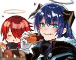  2girls arknights blue_eyes blue_hair doughnut eating exusiai_(arknights) food food_on_face gloves hair_over_one_eye halo highres horns licking_lips mostima_(arknights) multiple_girls nu_(dndnknkn) redhead signature tongue tongue_out white_background white_gloves 