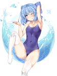  1girl blue_eyes blue_hair blue_swimsuit cirno competition_school_swimsuit feet_out_of_frame flat_chest food highres ice ice_wings looking_at_viewer oxfirecar popsicle school_swimsuit short_hair simple_background solo swimsuit thigh-highs touhou water white_background white_legwear wings 