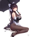  1girl azur_lane bare_shoulders black_footwear black_hair black_legwear black_umbrella blush bodystocking bow breasts brown_eyes cleavage_cutout elbow_gloves eyebrows_visible_through_hair gloves hair_bow hair_flaps highres holding holding_umbrella impossible_clothes large_breasts leotard logo long_hair looking_at_viewer pantyhose ponytail racequeen shadow shoes sitting solo takao_(azur_lane) takao_(full_throttle_charmer)_(azur_lane) two-tone_leotard umbrella unitard very_long_hair wei_xiao white_background white_bow 