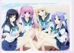  4girls beach black_hair blonde_hair blue_eyes brown_eyes highres huge_filesize iizuki_tasuku izumi_wakoto lavender_hair long_hair looking_at_viewer lovely_x_cation_2 multiple_girls narukawa_hime nirasaki_hinata official_art pink_hair ponytail ribbon scan school_uniform serafuku sitting smile twintails yoshinoya_seine 