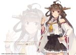  1girl ahoge bangs brown_skirt detached_sleeves double_bun frills headgear highres japanese_clothes kantai_collection kongou_(kantai_collection) konishi_(koconatu) long_hair long_sleeves official_art remodel_(kantai_collection) ribbon-trimmed_sleeves ribbon_trim seiyuu sidelocks simple_background skirt smile solo touyama_nao violet_eyes white_background wide_sleeves 