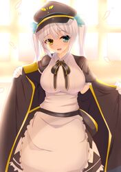  1girl absurdres blush breasts cape commentary_request growing_naru hat heterochromia highres jacket kagura_mea kagura_mea_channel large_breasts looking_at_viewer military_hat open_mouth silver_hair solo twintails virtual_youtuber window 