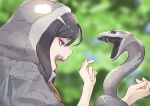  1girl ahoge animal black_hair blurry blurry_background character_name commentary don3 fangs from_side green_eyes holding holding_animal hood hood_up kemono_friends open_mouth snake snake_hood solo teeth 