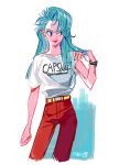  1girl ahndory aqua_eyes aqua_hair belt bulma dragon_ball hand_in_hair highres long_hair pants red_pants shirt simple_background solo white_background white_shirt 