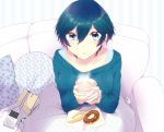  1girl bangs blue_eyes blue_hair blue_sweater collarbone couch digital_media_player doughnut eyebrows_visible_through_hair food hair_between_eyes holding ipod long_sleeves off-shoulder_sweater off_shoulder open_mouth persona persona_4 pillow ribbed_sweater shinocco shiny shiny_hair shirogane_naoto short_hair sitting solo sweater under_covers 
