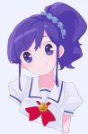  1girl absurdres aikatsu! aikatsu!_(series) aimrsk037 bangs blue_eyes blue_hair blue_scrunchie closed_mouth eyebrows_visible_through_hair hair_ornament hair_scrunchie head_tilt highres kiriya_aoi looking_at_viewer puffy_short_sleeves puffy_sleeves scrunchie shirt short_sleeves side_ponytail simple_background smile solo starlight_academy_uniform white_background white_shirt 