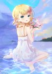  1girl :d backless_dress backless_outfit bangs bare_arms bare_shoulders barefoot blonde_hair blue_sky clouds cloudy_sky commentary_request dated day dress eyebrows_visible_through_hair flower gochuumon_wa_usagi_desu_ka? green_eyes hair_flower hair_ornament hair_ribbon hands_up holding holding_flower kirima_sharo long_hair looking_at_viewer looking_back neki_(wakiko) open_mouth orange_flower outdoors ribbon shallow_water sitting sky sleeveless sleeveless_dress smile solo twitter_username wariza water white_dress white_flower white_ribbon 
