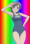  1girl 2014 :o absurdres blue_swimsuit blush brown_hair collarbone covered_navel female futsuu_no_joshikousei_ga_locodol_yattemita hand_on_hip name_tag pose scan school_swimsuit short_hair solo usami_nanako violet_eyes w 