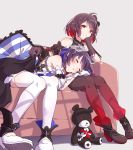  2girls ahoge arm_cuffs bare_shoulders black_gloves black_hair blanket blue_hair blush chain chin_rest closed_eyes commentary couch covering_with_blanket gloves hair_ornament highres honkai_(series) honkai_impact_3rd indoors keyhole lap_pillow lying multicolored_hair multiple_girls nasubi_(1ra1ri1ko2cho1mi2na) on_couch on_side pillow red_eyes red_legwear redhead seele_(alter_ego) seele_vollerei seele_vollerei_(stygian_nymph) shoes short_hair sleeping sleeping_on_person striped_pillow stuffed_animal stuffed_toy teddy_bear thigh-highs two-tone_hair white_gloves white_legwear window_shade 