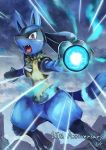  aura_sphere_(pokemon) commentary_request fangs furry gen_4_pokemon highres lucario no_humans open_mouth pokemon pokemon_(creature) red_eyes shigure_na_hito solo tongue 
