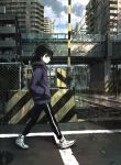  1girl black_eyes black_hair black_pants building clouds cloudy_sky fence hands_in_pockets highres lamppost original outdoors pants power_lines profile railroad_crossing shoes short_hair sky solo tokunaga_akimasa walking white_footwear 