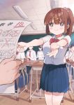  1girl bangs blue_eyes blue_skirt bow bowtie brown_hair classroom hair_between_eyes hair_ornament hairclip highres holding holding_paper nirareba open_hands original paper ponytail school_uniform skirt solo_focus test tied_hair 