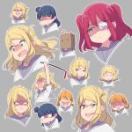  4girls ahoge ayasaka bag black_hair blonde_hair braid collage commentary_request crowbar crown_braid crying eyepatch fangs green_eyes grey_background hair_bun hair_rings jashin-chan_dropkick kurosawa_ruby love_live! love_live!_sunshine!! medical_eyepatch multiple_girls ohara_mari orange_hair paper_bag parody redhead sailor_collar suzuki_aina_(seiyuu) takami_chika tied_hair tsushima_yoshiko two_side_up upper_body yellow_eyes 