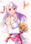  1girl :d artist_name bangle bare_shoulders bird blush bouquet bow bracelet chinchongcha collarbone dress fire_emblem fire_emblem:_radiant_dawn fire_emblem_heroes flower hair_bow hair_ribbon half_updo highres holding holding_bouquet jewelry long_hair long_sleeves micaiah_(fire_emblem) open_mouth red_bow ribbon signature silver_hair sleeveless sleeveless_dress smile solo turtleneck_dress wedding_dress white_dress yellow_eyes yune_(fire_emblem) 