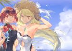  2girls bangs bare_shoulders black_swimsuit blonde_hair blue_sky breast_press breasts chest_jewel cup day earrings eyebrows_visible_through_hair eyewear_on_head fujie-yz gem grin hand_behind_head hat highres mythra_(xenoblade) holding holding_cup holding_drink pyra_(xenoblade) jewelry large_breasts long_hair looking_at_viewer multiple_girls one-piece_swimsuit outdoors red_eyes redhead short_hair sky smile strapless strapless_swimsuit sun_hat sunglasses swept_bangs swimsuit symmetrical_docking upper_body very_long_hair white_swimsuit xenoblade_(series) xenoblade_2 yellow_eyes 