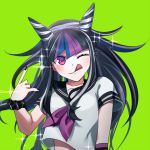  1girl ;q bangs black_hair black_nails black_sailor_collar black_scrunchie collarbone dangan_ronpa floating_hair green_background highlights long_hair looking_at_viewer midriff mioda_ibuki multicolored_hair nail_polish neckerchief one_eye_closed pink_eyes purple_neckwear sailor_collar sailor_shirt school_uniform scrunchie serafuku shirt short_sleeves simple_background sketti solo sparkle stomach super_dangan_ronpa_2 tongue tongue_out upper_body very_long_hair white_shirt wrist_scrunchie 